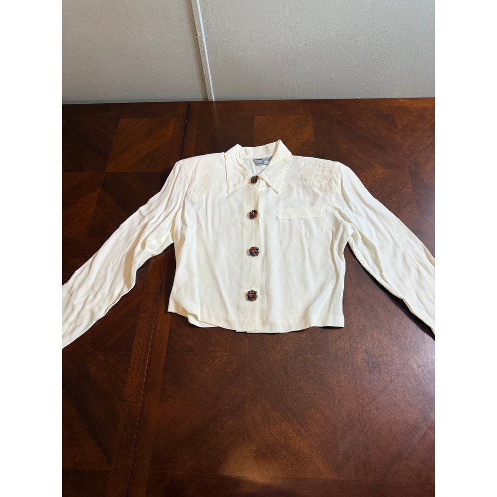 Ivory Bejeweled Button‎ Blouse Cropped Style small Spring Street